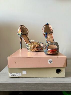 Thalia Sodi Multicolor Glitter Platform Ankle Strap Heels